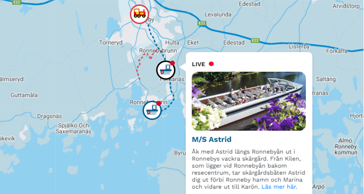 Karta från Ronneby Live där ikonerna för tåget och båtarna syns